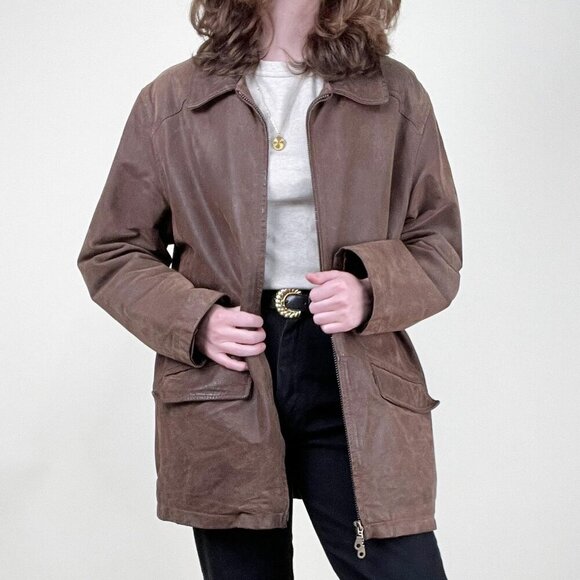 Vintage Jackets & Blazers - Vintage Leather Barn Coat Field Utility Jacket Oversized Farm Chore Fall Winter